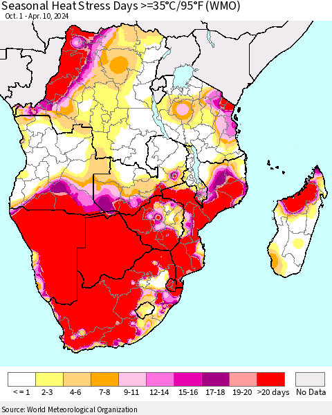 Southern Africa Seasonal Heat Stress Days >=35°C/95°F (WMO) Thematic Map For 10/1/2023 - 4/10/2024