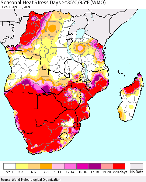 Southern Africa Seasonal Heat Stress Days >=35°C/95°F (WMO) Thematic Map For 10/1/2023 - 4/30/2024