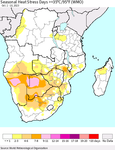 Southern Africa Seasonal Heat Stress Days >=35°C/95°F (WMO) Thematic Map For 10/1/2023 - 10/10/2023
