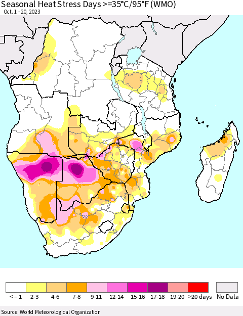 Southern Africa Seasonal Heat Stress Days >=35°C/95°F (WMO) Thematic Map For 10/1/2023 - 10/20/2023