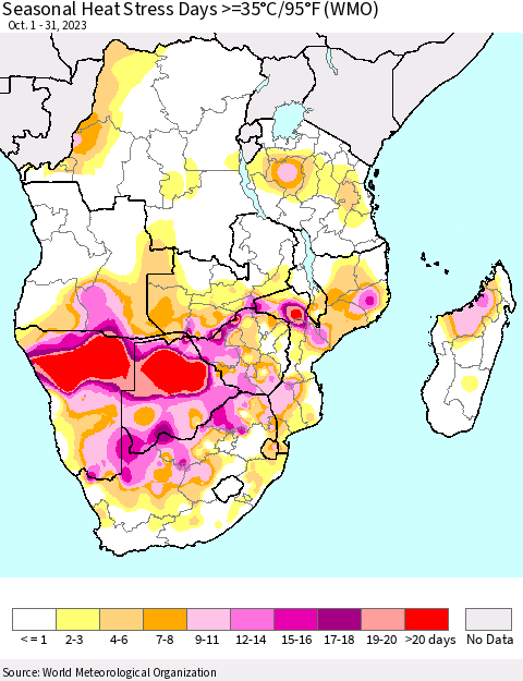 Southern Africa Seasonal Heat Stress Days >=35°C/95°F (WMO) Thematic Map For 10/1/2023 - 10/31/2023