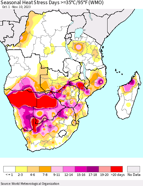 Southern Africa Seasonal Heat Stress Days >=35°C/95°F (WMO) Thematic Map For 10/1/2023 - 11/10/2023