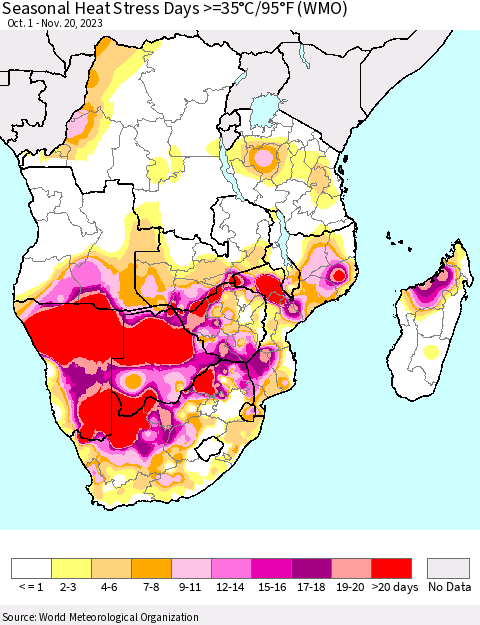 Southern Africa Seasonal Heat Stress Days >=35°C/95°F (WMO) Thematic Map For 10/1/2023 - 11/20/2023