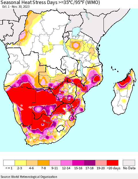 Southern Africa Seasonal Heat Stress Days >=35°C/95°F (WMO) Thematic Map For 10/1/2023 - 11/30/2023