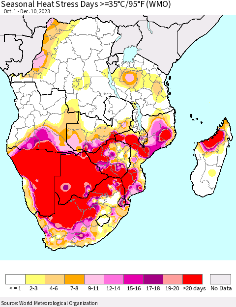 Southern Africa Seasonal Heat Stress Days >=35°C/95°F (WMO) Thematic Map For 10/1/2023 - 12/10/2023