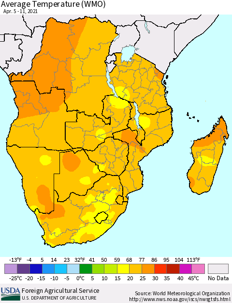 Southern Africa Average Temperature (WMO) Thematic Map For 4/5/2021 - 4/11/2021