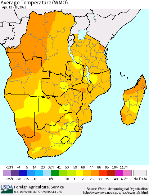 Southern Africa Average Temperature (WMO) Thematic Map For 4/12/2021 - 4/18/2021