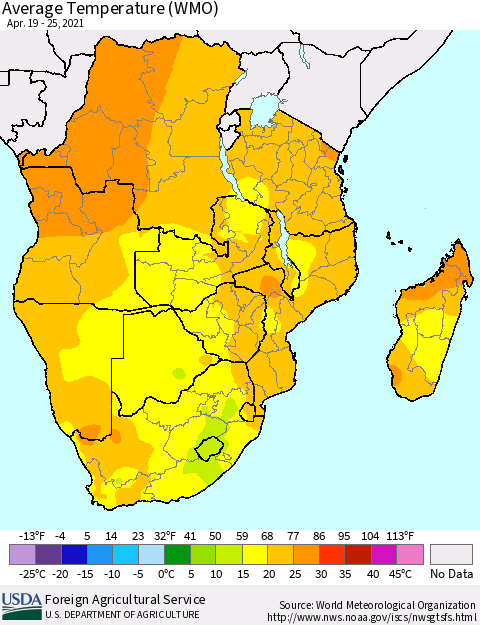 Southern Africa Average Temperature (WMO) Thematic Map For 4/19/2021 - 4/25/2021