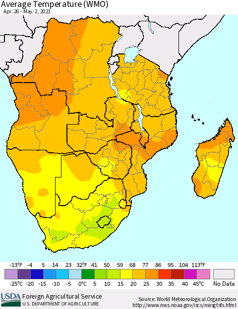 Southern Africa Average Temperature (WMO) Thematic Map For 4/26/2021 - 5/2/2021