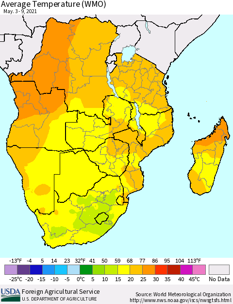 Southern Africa Average Temperature (WMO) Thematic Map For 5/3/2021 - 5/9/2021