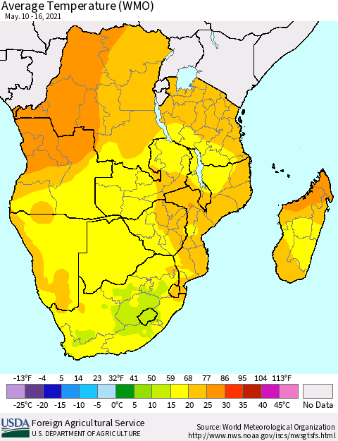 Southern Africa Average Temperature (WMO) Thematic Map For 5/10/2021 - 5/16/2021