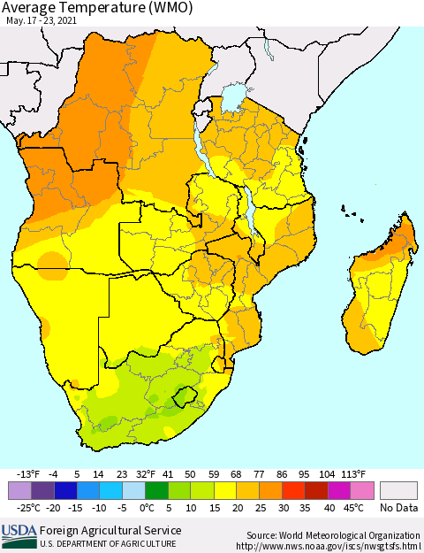 Southern Africa Average Temperature (WMO) Thematic Map For 5/17/2021 - 5/23/2021