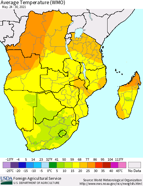Southern Africa Average Temperature (WMO) Thematic Map For 5/24/2021 - 5/30/2021