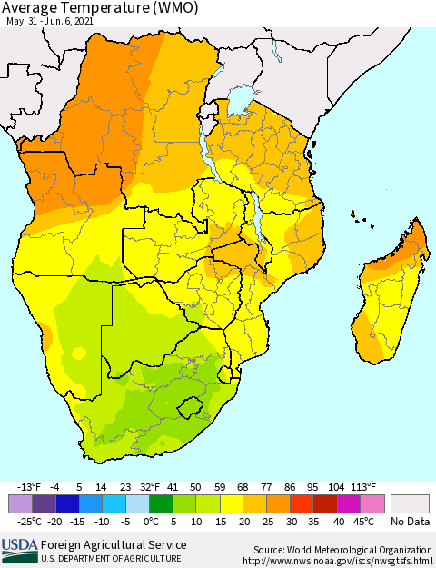 Southern Africa Average Temperature (WMO) Thematic Map For 5/31/2021 - 6/6/2021