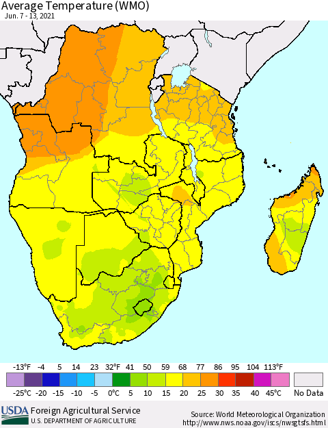 Southern Africa Average Temperature (WMO) Thematic Map For 6/7/2021 - 6/13/2021