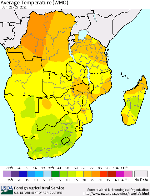 Southern Africa Average Temperature (WMO) Thematic Map For 6/21/2021 - 6/27/2021