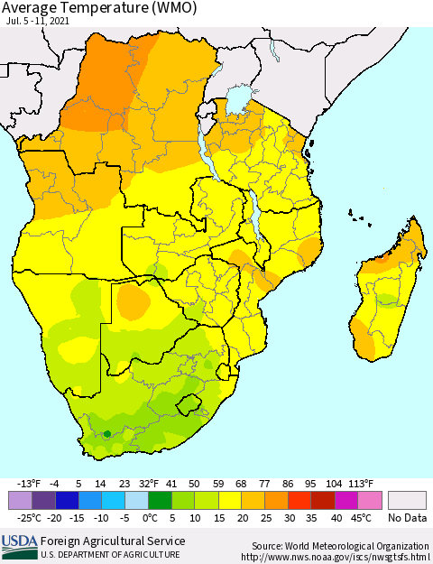 Southern Africa Average Temperature (WMO) Thematic Map For 7/5/2021 - 7/11/2021