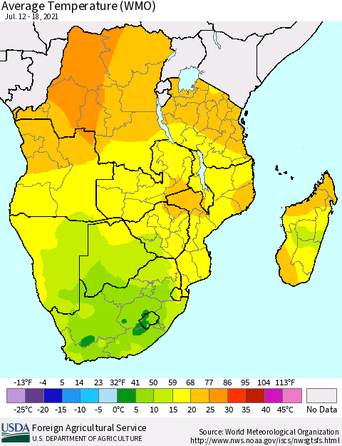 Southern Africa Average Temperature (WMO) Thematic Map For 7/12/2021 - 7/18/2021