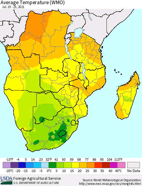 Southern Africa Average Temperature (WMO) Thematic Map For 7/19/2021 - 7/25/2021