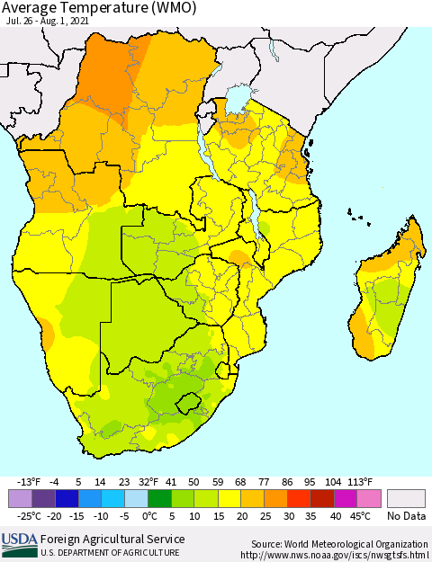 Southern Africa Average Temperature (WMO) Thematic Map For 7/26/2021 - 8/1/2021