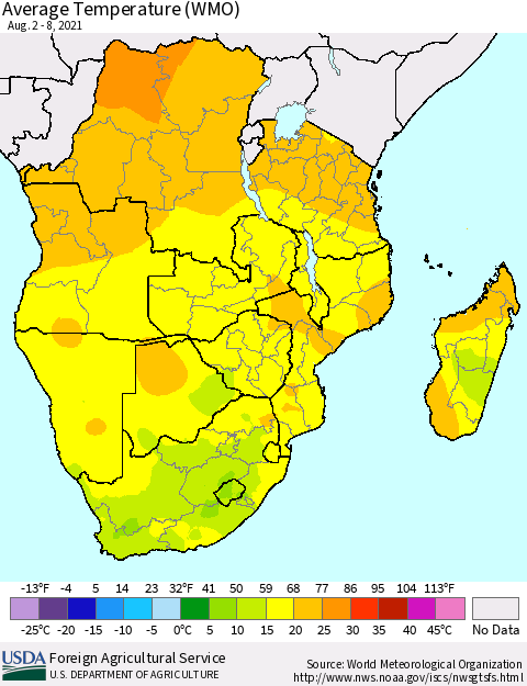 Southern Africa Average Temperature (WMO) Thematic Map For 8/2/2021 - 8/8/2021