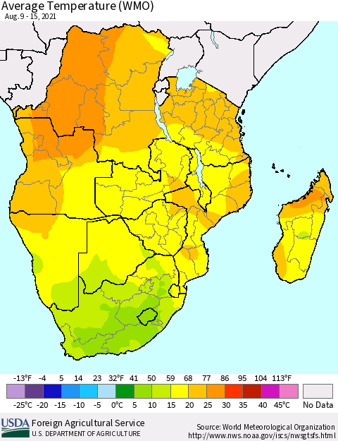 Southern Africa Average Temperature (WMO) Thematic Map For 8/9/2021 - 8/15/2021