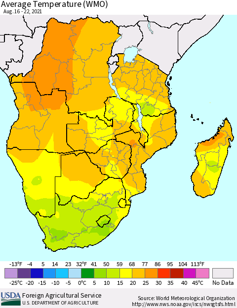 Southern Africa Average Temperature (WMO) Thematic Map For 8/16/2021 - 8/22/2021