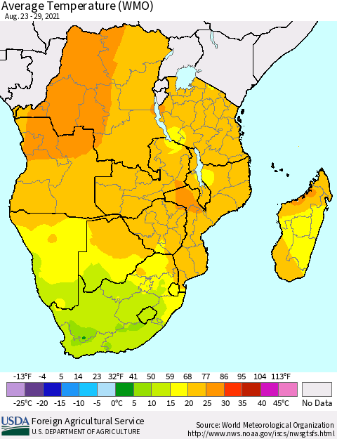 Southern Africa Average Temperature (WMO) Thematic Map For 8/23/2021 - 8/29/2021
