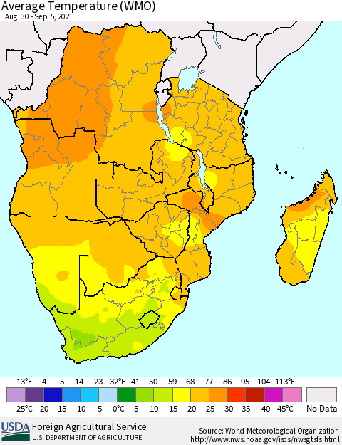 Southern Africa Average Temperature (WMO) Thematic Map For 8/30/2021 - 9/5/2021