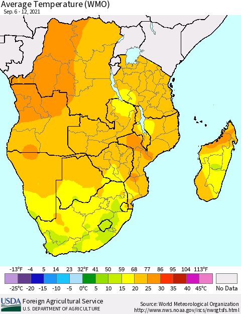 Southern Africa Average Temperature (WMO) Thematic Map For 9/6/2021 - 9/12/2021