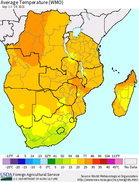 Southern Africa Average Temperature (WMO) Thematic Map For 9/13/2021 - 9/19/2021