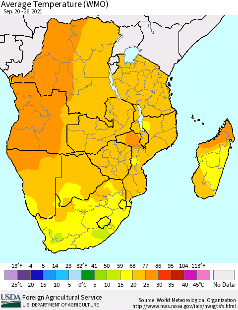 Southern Africa Average Temperature (WMO) Thematic Map For 9/20/2021 - 9/26/2021