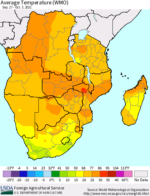 Southern Africa Average Temperature (WMO) Thematic Map For 9/27/2021 - 10/3/2021