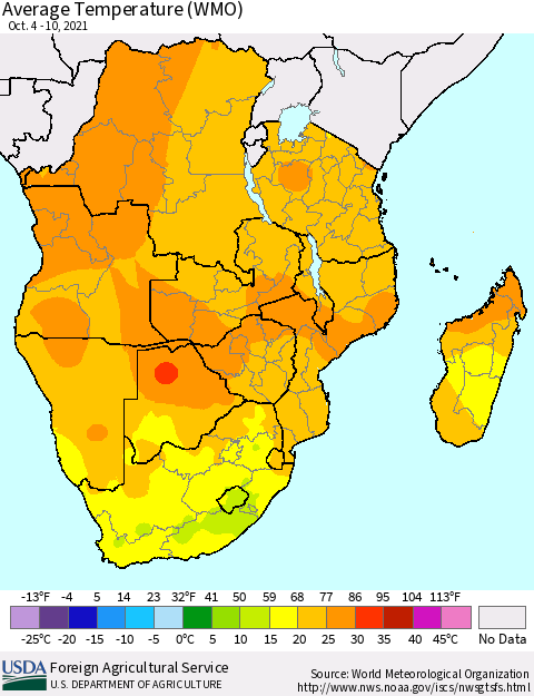 Southern Africa Average Temperature (WMO) Thematic Map For 10/4/2021 - 10/10/2021