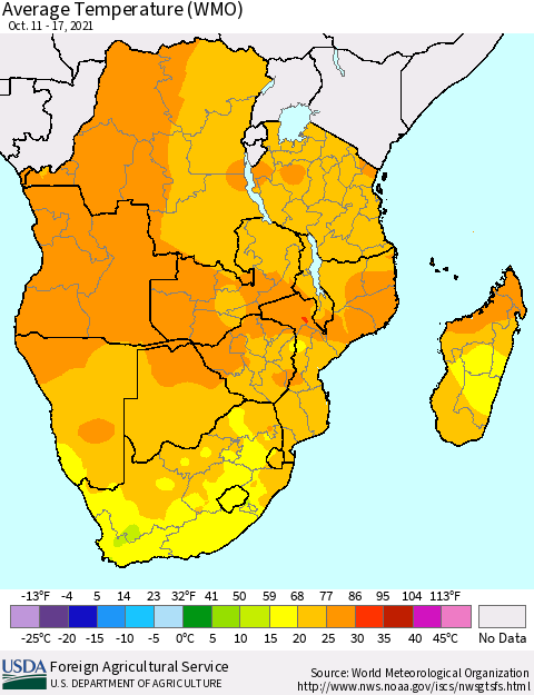 Southern Africa Average Temperature (WMO) Thematic Map For 10/11/2021 - 10/17/2021