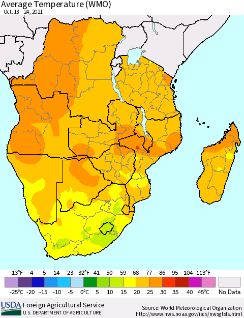Southern Africa Average Temperature (WMO) Thematic Map For 10/18/2021 - 10/24/2021