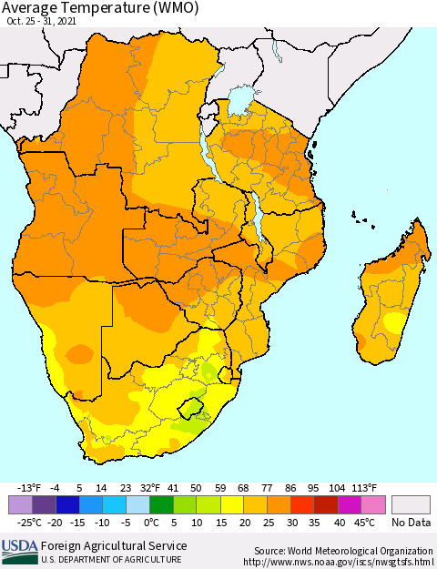 Southern Africa Average Temperature (WMO) Thematic Map For 10/25/2021 - 10/31/2021