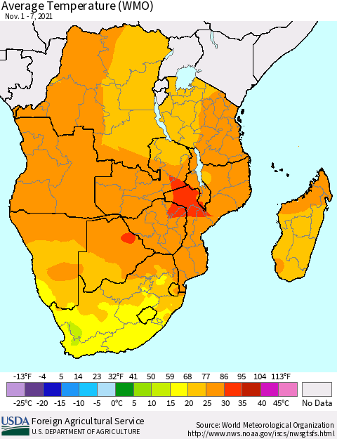 Southern Africa Average Temperature (WMO) Thematic Map For 11/1/2021 - 11/7/2021