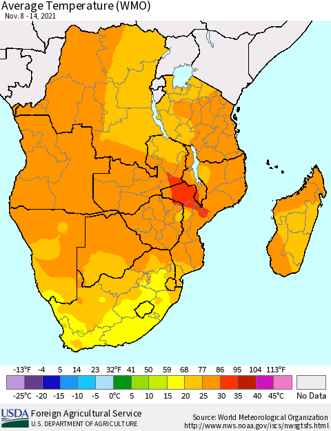 Southern Africa Average Temperature (WMO) Thematic Map For 11/8/2021 - 11/14/2021