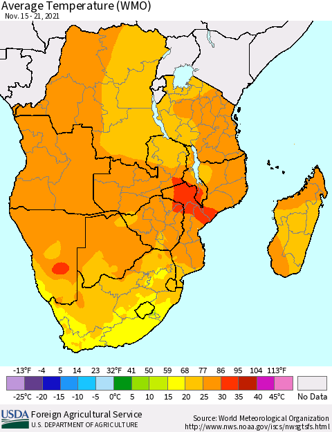 Southern Africa Average Temperature (WMO) Thematic Map For 11/15/2021 - 11/21/2021