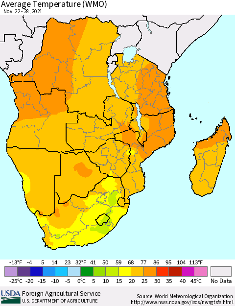 Southern Africa Average Temperature (WMO) Thematic Map For 11/22/2021 - 11/28/2021