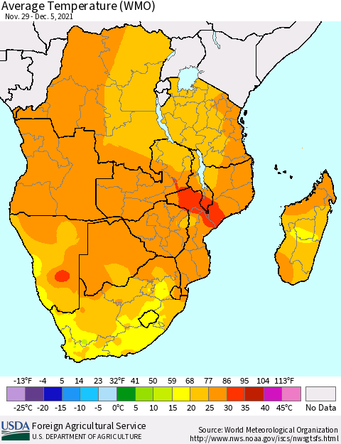 Southern Africa Average Temperature (WMO) Thematic Map For 11/29/2021 - 12/5/2021