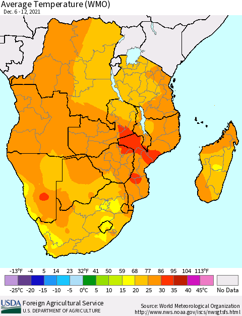 Southern Africa Average Temperature (WMO) Thematic Map For 12/6/2021 - 12/12/2021