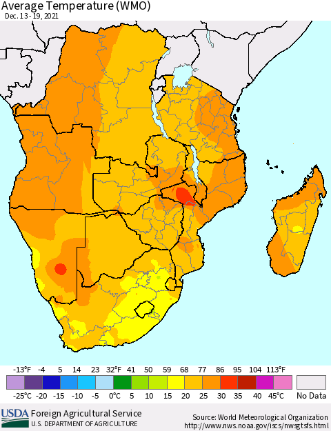 Southern Africa Average Temperature (WMO) Thematic Map For 12/13/2021 - 12/19/2021