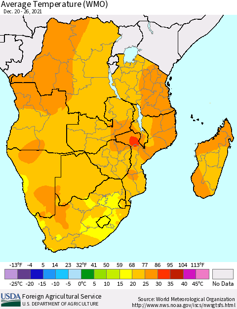 Southern Africa Average Temperature (WMO) Thematic Map For 12/20/2021 - 12/26/2021