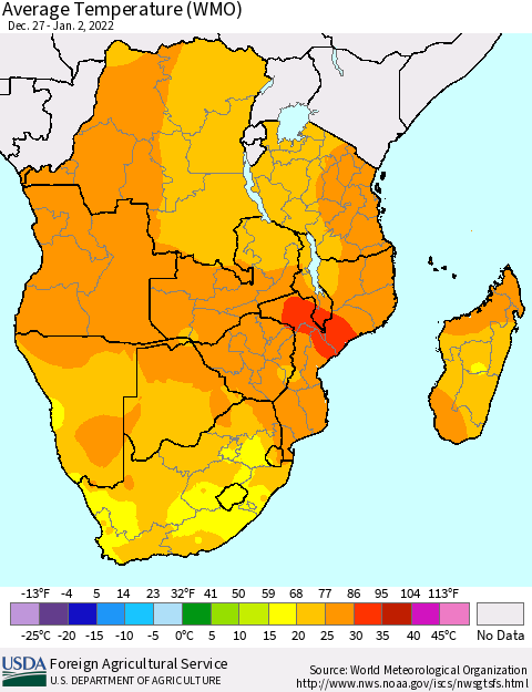 Southern Africa Average Temperature (WMO) Thematic Map For 12/27/2021 - 1/2/2022