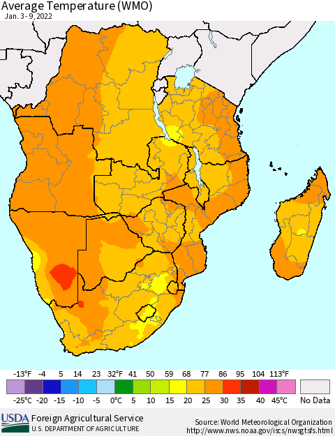 Southern Africa Average Temperature (WMO) Thematic Map For 1/3/2022 - 1/9/2022