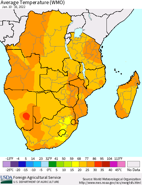 Southern Africa Average Temperature (WMO) Thematic Map For 1/10/2022 - 1/16/2022