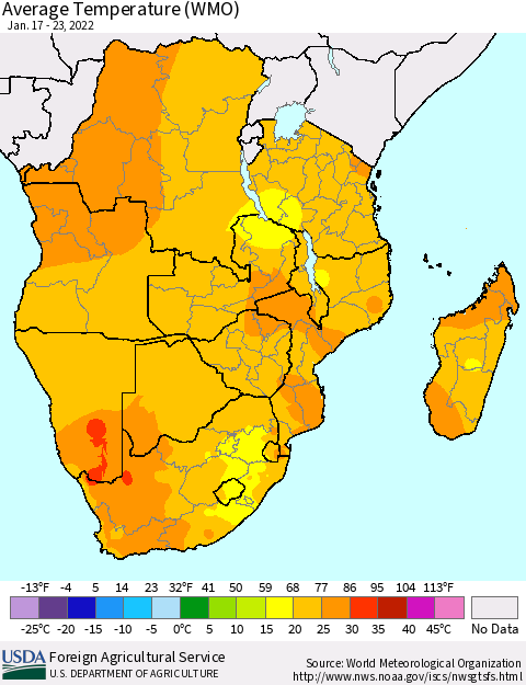 Southern Africa Average Temperature (WMO) Thematic Map For 1/17/2022 - 1/23/2022