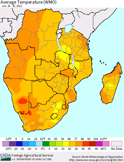 Southern Africa Average Temperature (WMO) Thematic Map For 1/24/2022 - 1/30/2022